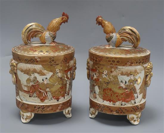 A pair of Japanese Satsuma jars and covers, with cockerel finials height 24cm